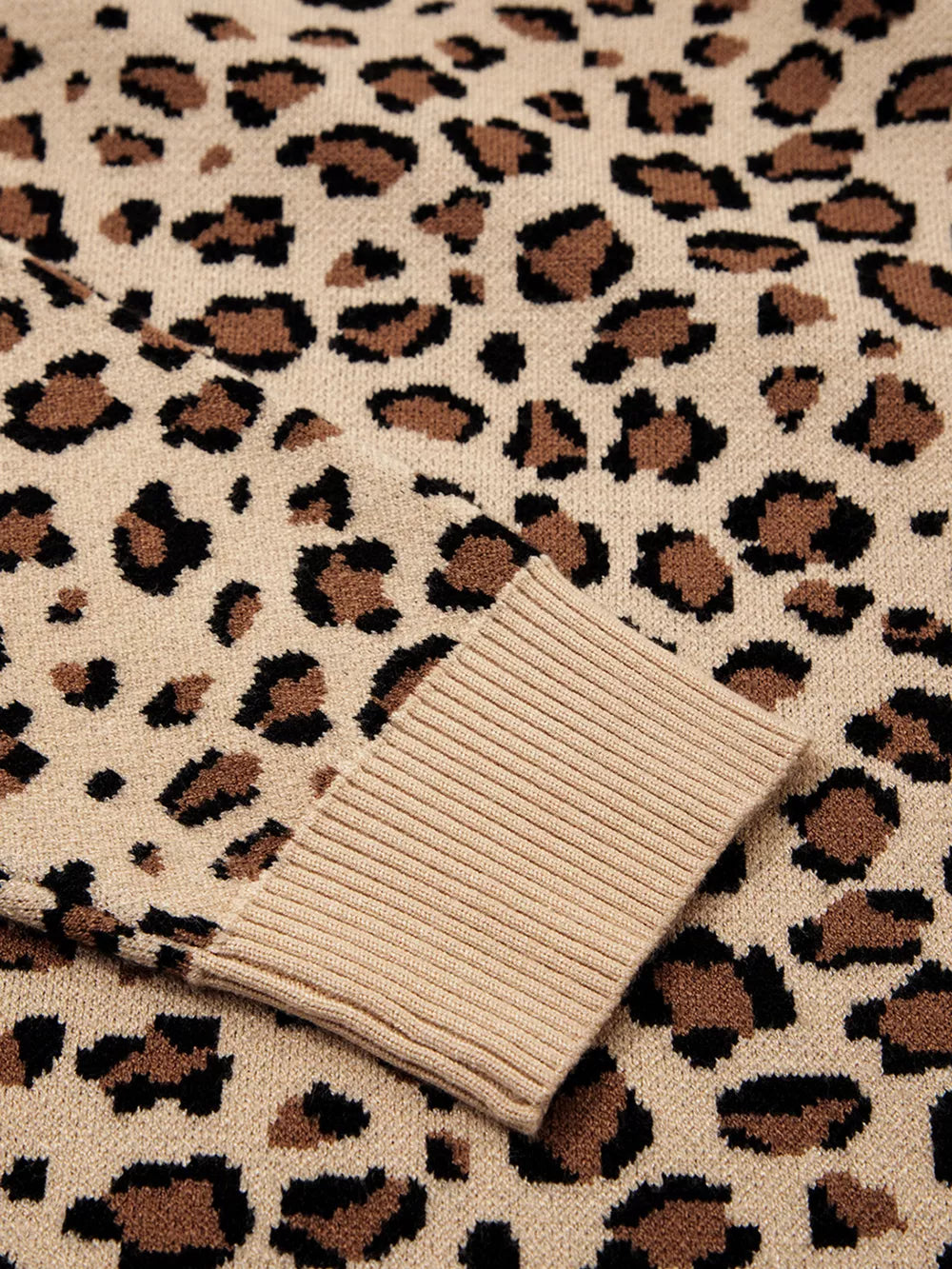 Savanna Spot Long Sleeve Knit Top in beige with a crew neck and animal print.