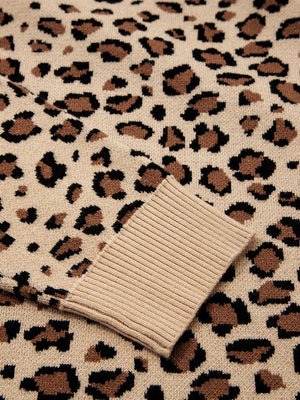Savanna Spot Long Sleeve Knit Top in beige with a crew neck and animal print.