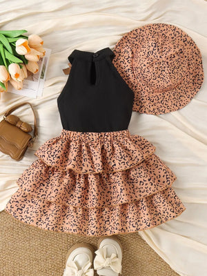 Children's Halter Top & Leopard Ruffled Skirt Set in Black, fabric detail