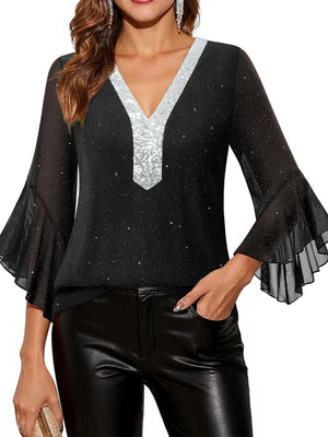Black sequin V-neck blouse with sheer bell sleeves and allover sparkle detail.