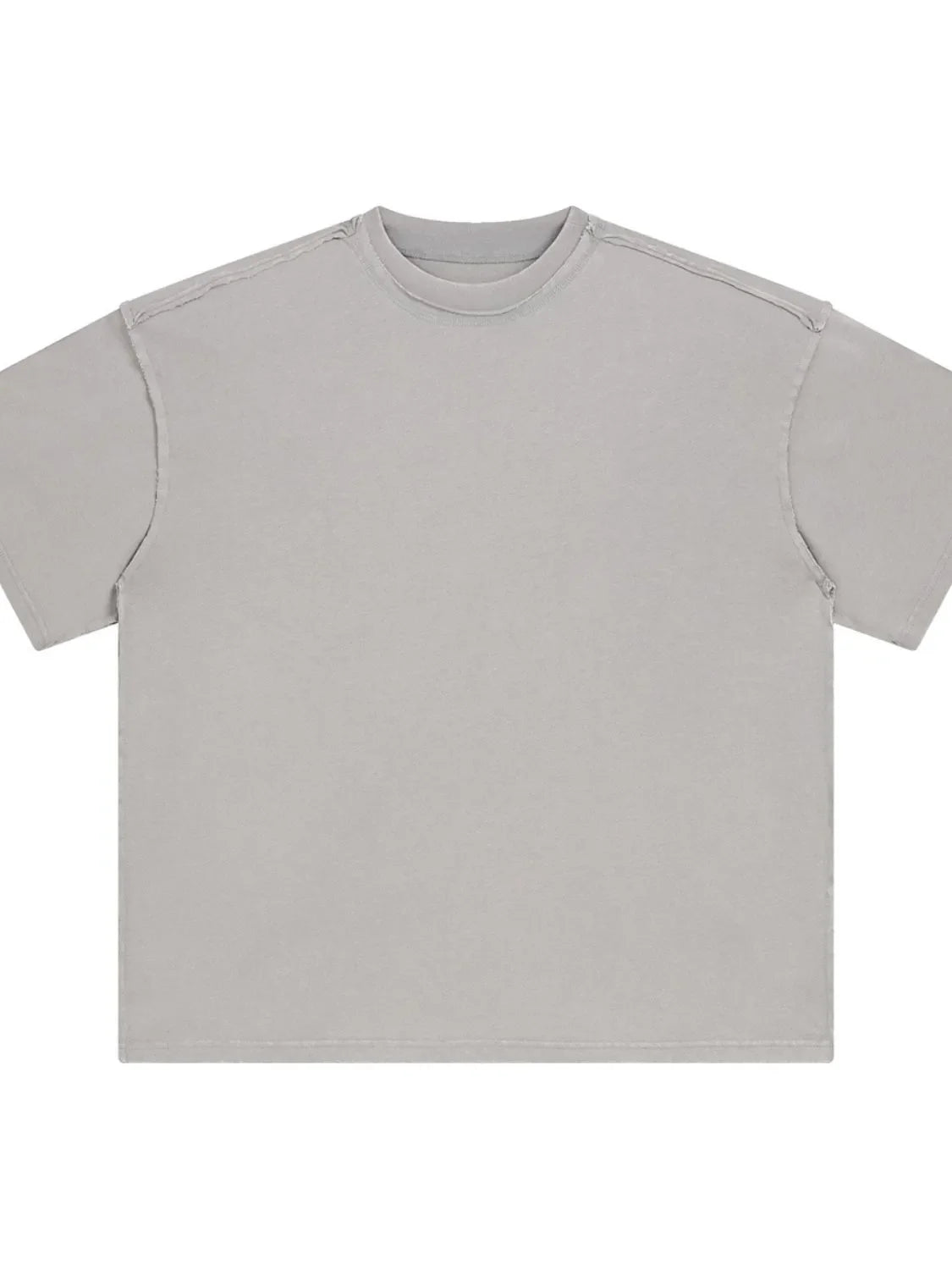 Gray washed cotton tee with raw seams and crew neck.