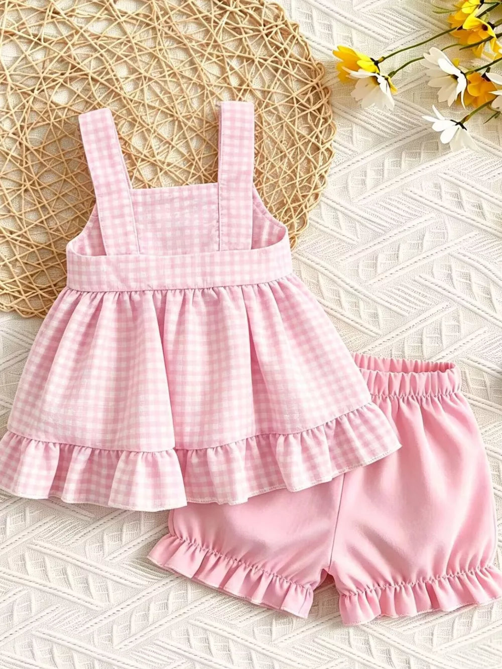 Children's Gingham Top And Shorts Set in Pink, fabric detail