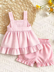 Children's Gingham Top And Shorts Set in Pink, fabric detail