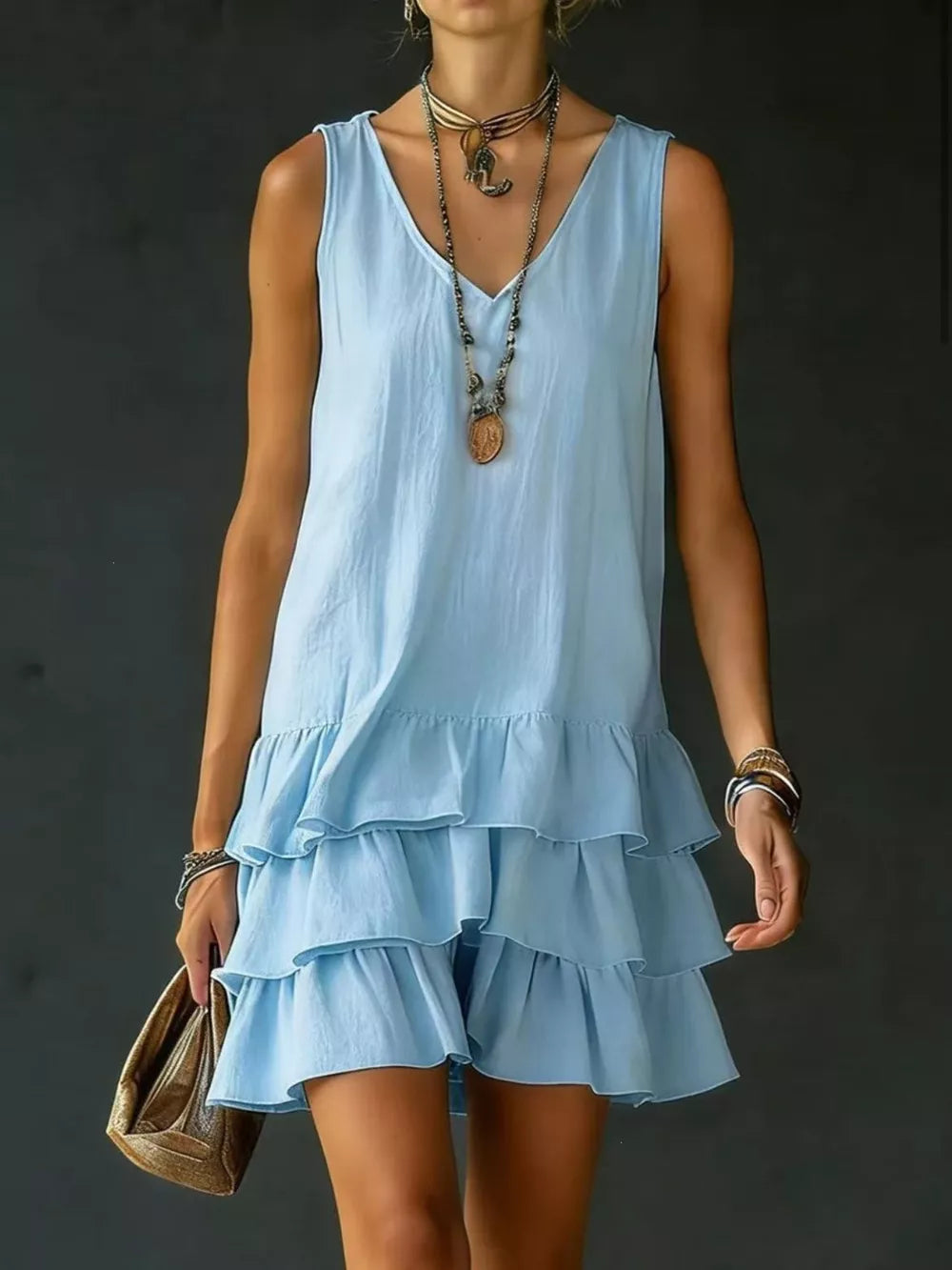 Blue tiered ruffled hem v-neck sleeveless mini dress with airy fabric.