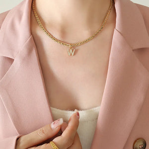 Gold textured chain necklace with a crystal-embellished initial W charm, Style W