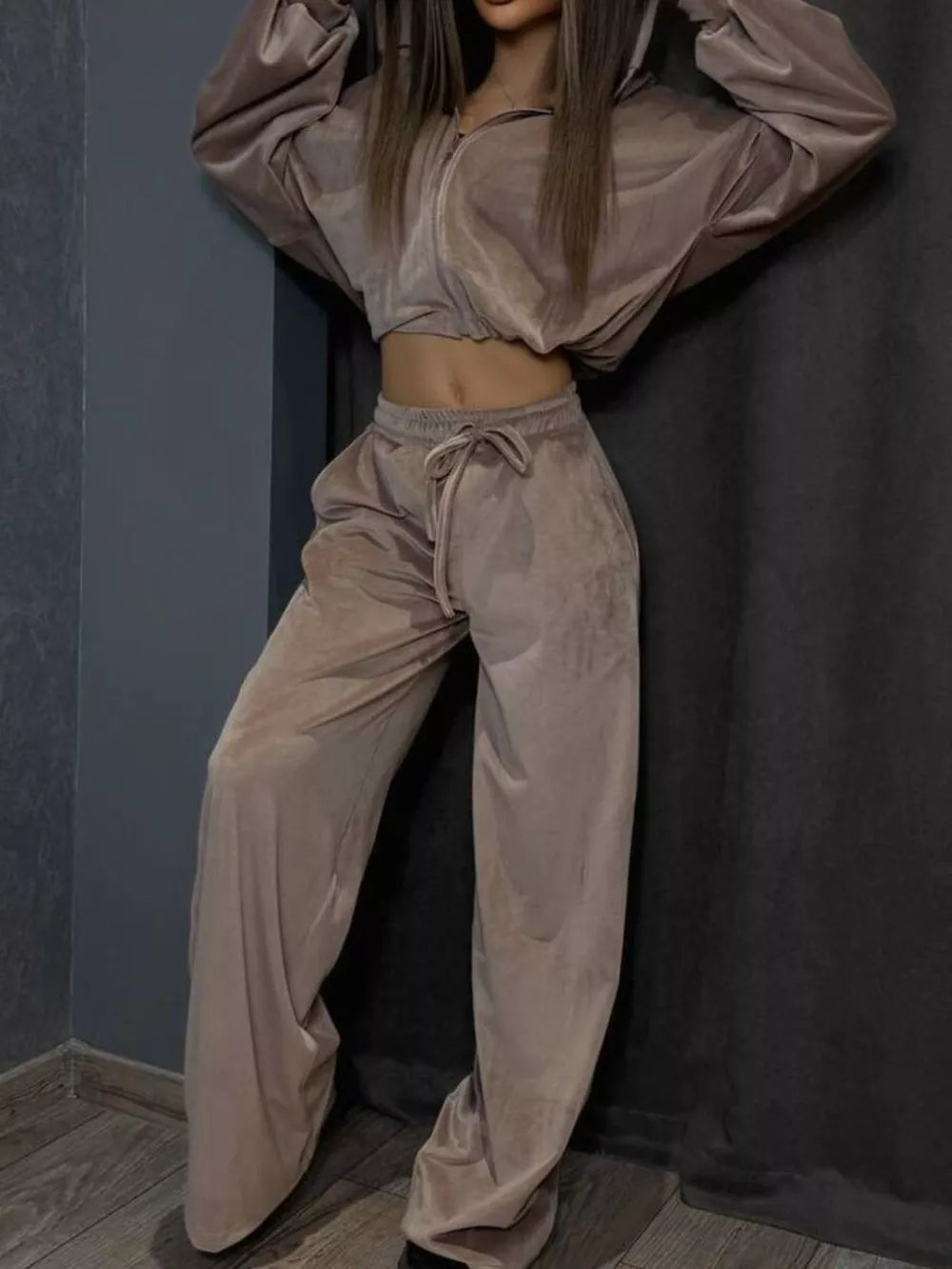 Zip Up Cropped Outerwear And Pants Set, front view