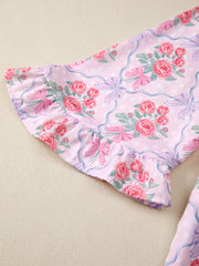 Pink floral and bow print maternity shirt with ruffled sleeves