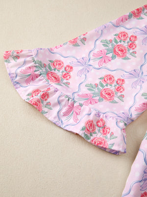 Pink floral and bow print maternity shirt with ruffled sleeves
