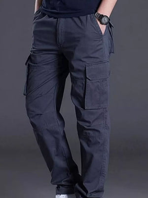 Men's dark gray relaxed fit cargo pants with multiple pockets.