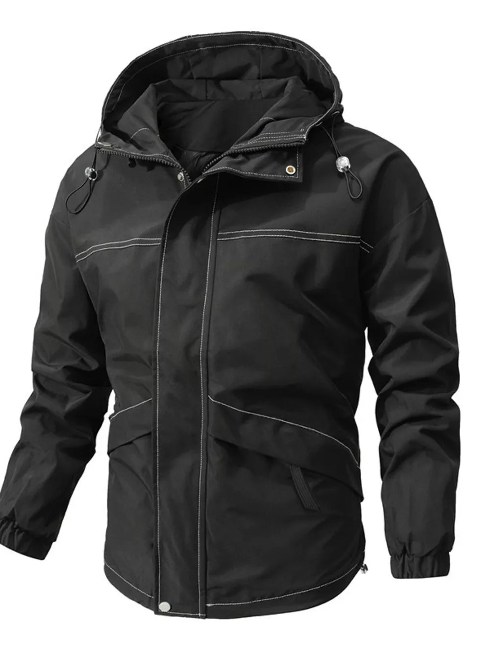 Black hooded jacket with contrast stitching and drawstring details