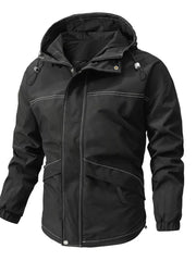 Black hooded jacket with contrast stitching and drawstring details