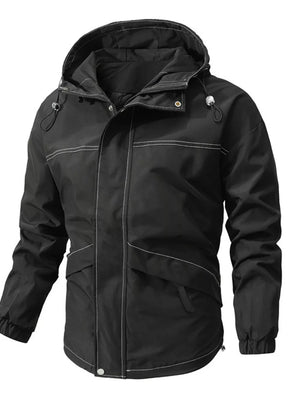 Black hooded jacket with contrast stitching and drawstring details