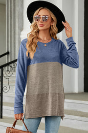 Colorblock long sleeve tee in blue and camel with side slits.