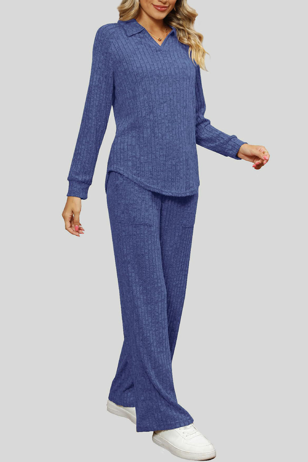 Dusty Blue ribbed knit lounge set with collar and long sleeves, paired with wide-leg pants.
