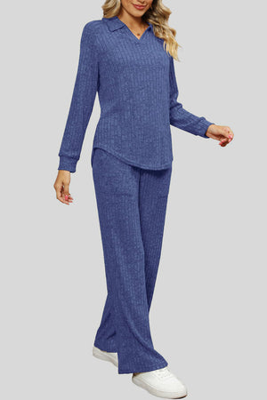 Dusty Blue ribbed knit lounge set with collar and long sleeves, paired with wide-leg pants.