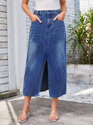 Light blue denim midi skirt with elastic waist and front slit