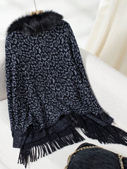 Black and grey leopard print acrylic cardigan with faux fur collar and fringe trim