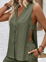 Army green V-neck sleeveless button-front top with side cutouts and matching shorts.