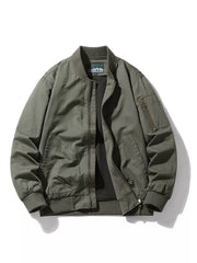 Army green cotton bomber jacket with zip front, chest pocket, and ribbed collar and cuffs.