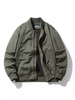 Army green cotton bomber jacket with zip front, chest pocket, and ribbed collar and cuffs.