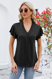 Black V-neck pleated flutter sleeve blouse with a casual fit.