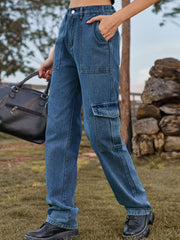 Medium wash denim straight leg cargo pants with multiple pockets.