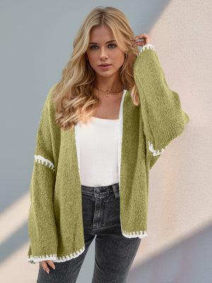Oversized knit cardigan in Yellow-Green with white contrast stitching detail on sleeves and hem