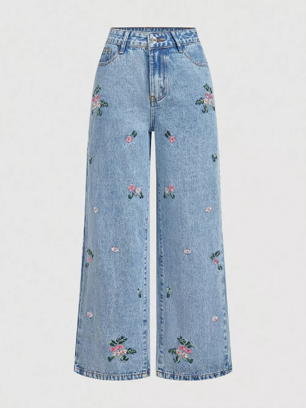 Embroidered Wide Leg Jeans in Blue, model styling view