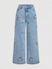 Embroidered Wide Leg Jeans in Blue, model styling view