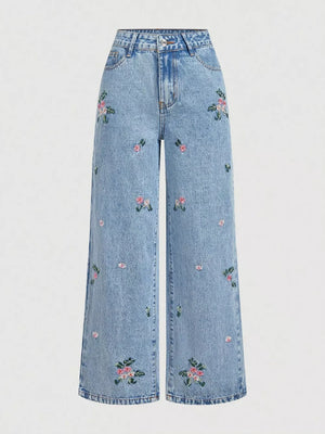 Embroidered Wide Leg Jeans in Blue, model styling view