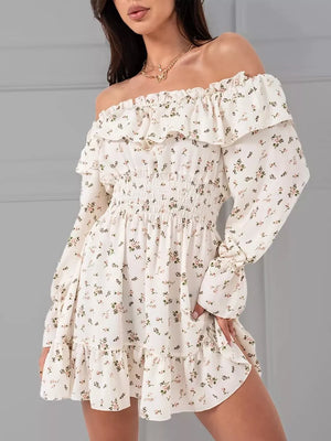 Off-shoulder Floral Ruffle Dress in Blue, close-up detail