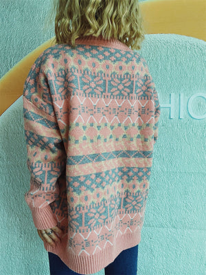 Fair Isle knit oversized sweater in watermelon pink with a patterned acrylic knit.