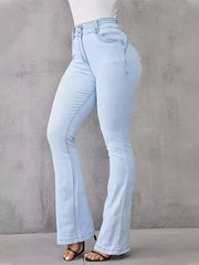 Light blue cotton spandex high-waisted flare jeans with button closure.