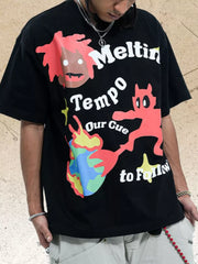 Black cotton oversized t-shirt with bold graphic print and text.