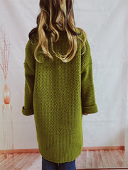 Chunky knit cocoon cardigan coat in moss green with cuffed sleeves.