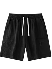 Men's black relaxed fit cargo shorts with drawstring waist and multiple pockets.