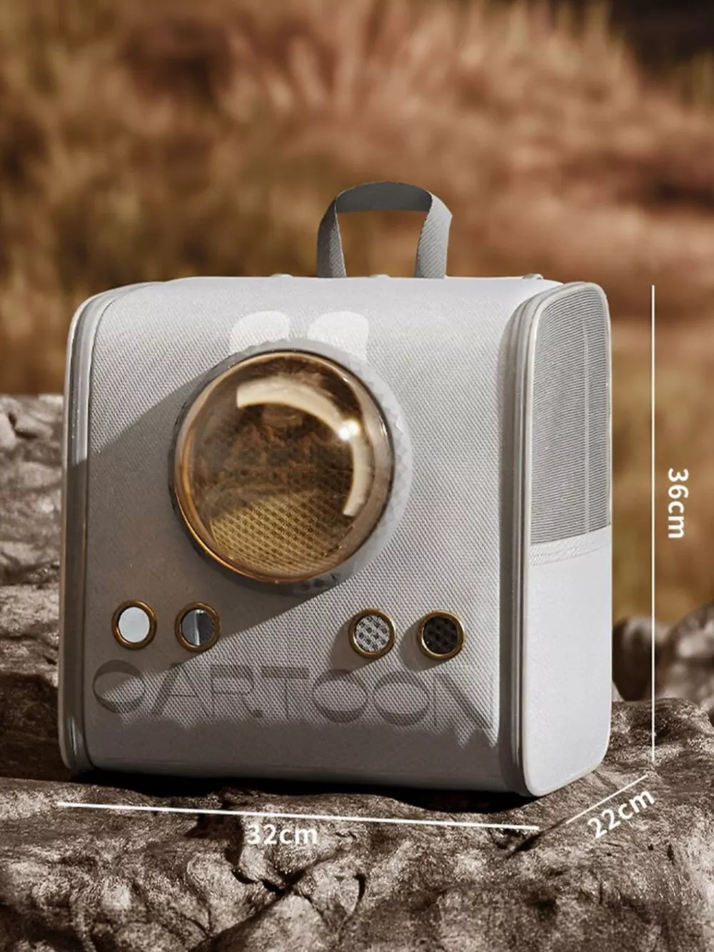 Modern space capsule pet carrier bag in gray with bubble window and ventilation.