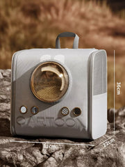 Modern space capsule pet carrier bag in gray with bubble window and ventilation.