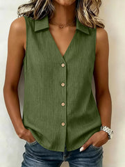 Full Size Button-up Sleeveless Collared Top in Navy, back view