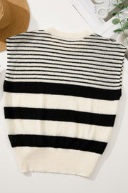 Black and cream striped knit sleeveless sweater with crew neck.