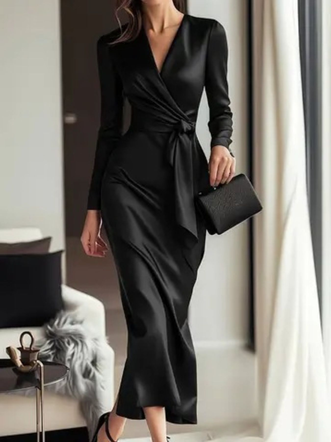 Black satin maternity wrap dress with tie waist and V-neck