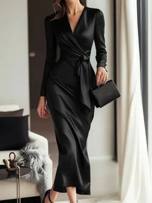 Black satin maternity wrap dress with tie waist and V-neck