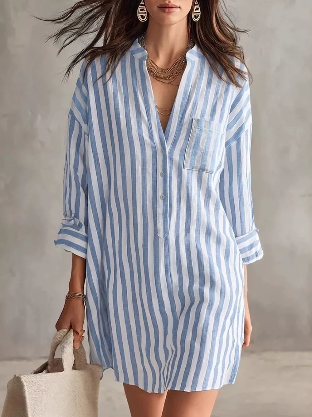 Full Size Striped 3/4 Sleeve Shirt Dress Plus Size in Green, front view
