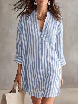 Full Size Striped 3/4 Sleeve Shirt Dress Plus Size in Green, front view