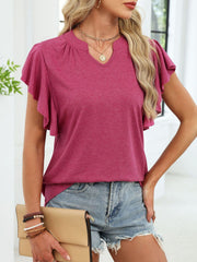 Wine red ruffled sleeve notched v-neck tee with a casual fit.