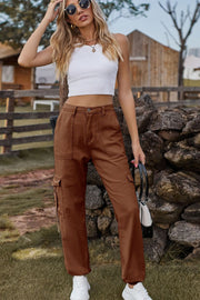 Brown cargo pants with multiple pockets and a relaxed fit.