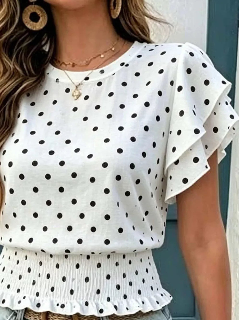 Polka Dot Ruffle Sleeve Blouse, close-up detail