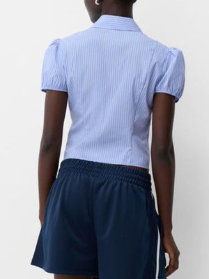 Light blue pinstripe puff sleeve button-up shirt with a fitted cut.
