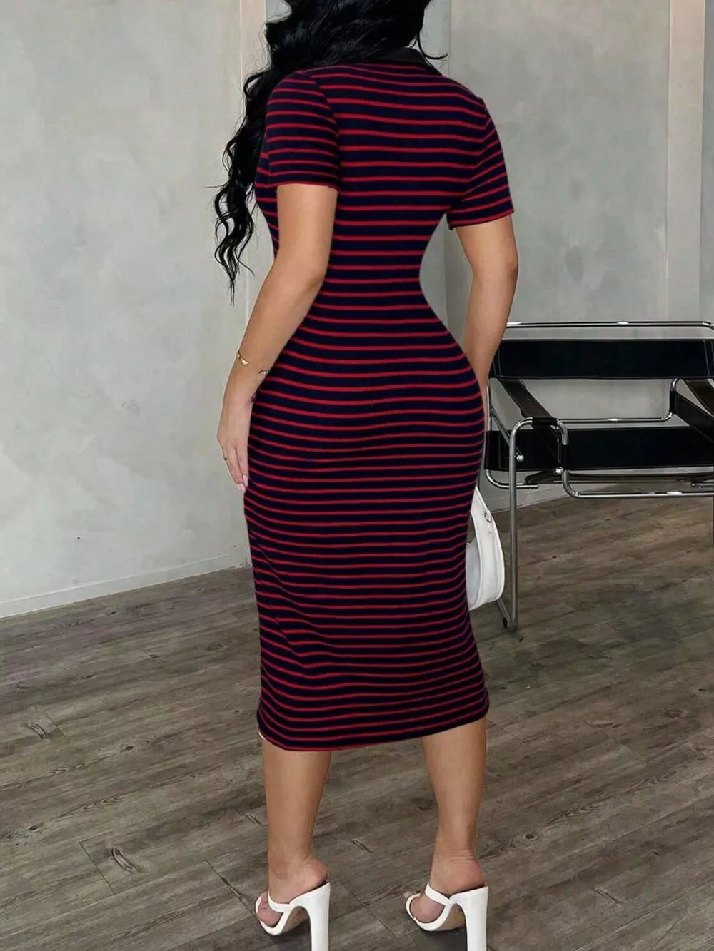 Chic striped polo midi dress in black and red, bodycon fit, short sleeves, buttoned neckline.