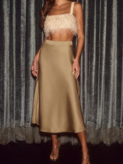 Elegant flowing satin midi skirt in khaki with an A-line cut.